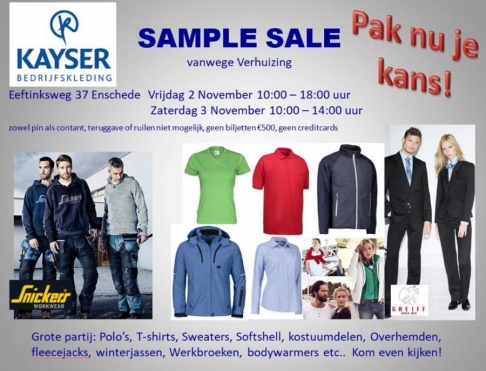 Sample sale Kayser Bedrijfskleding & Bedrijfskostuums